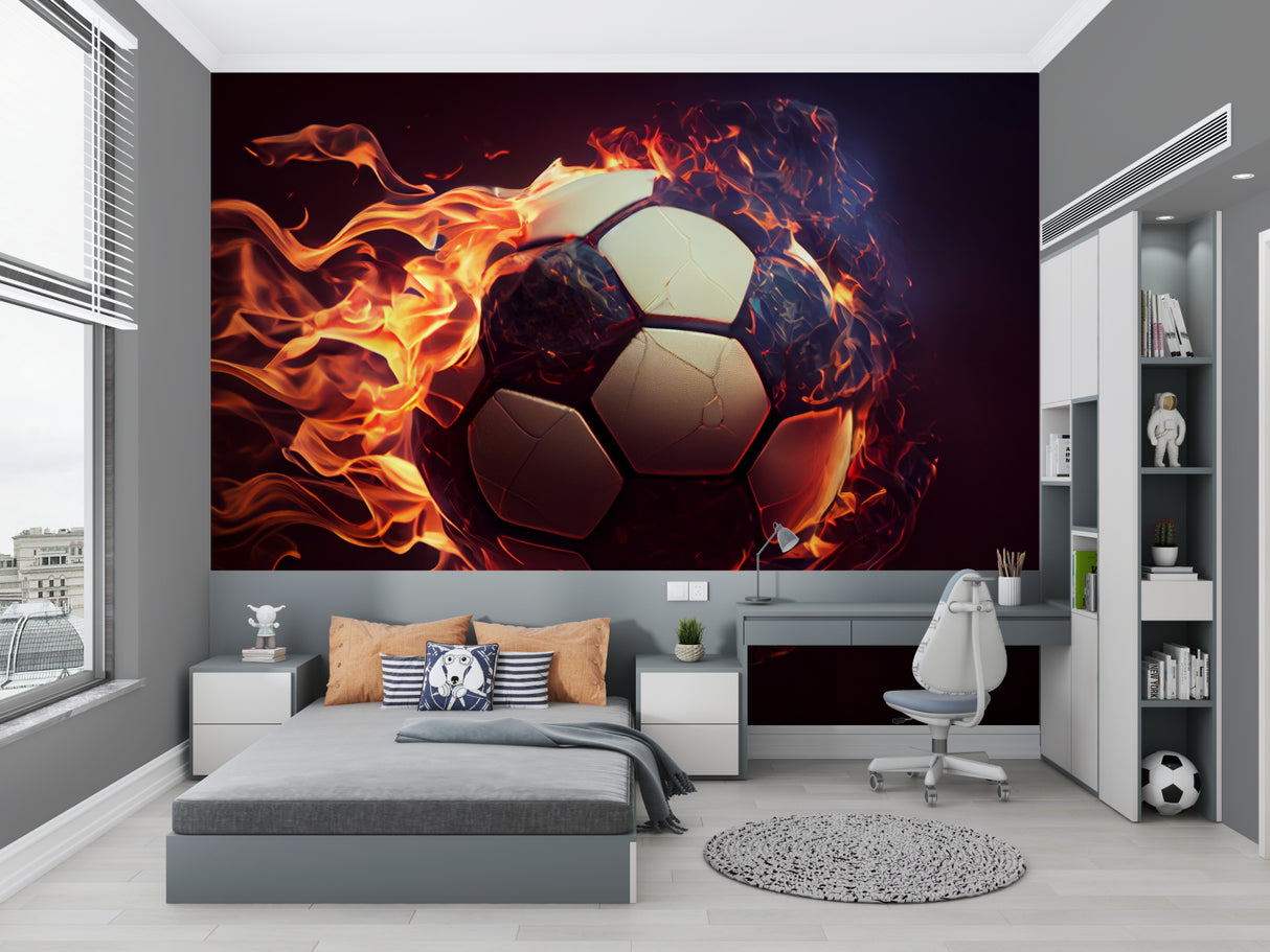 Soccer wall mural displayed in a kids playroom with dramatic flame effects