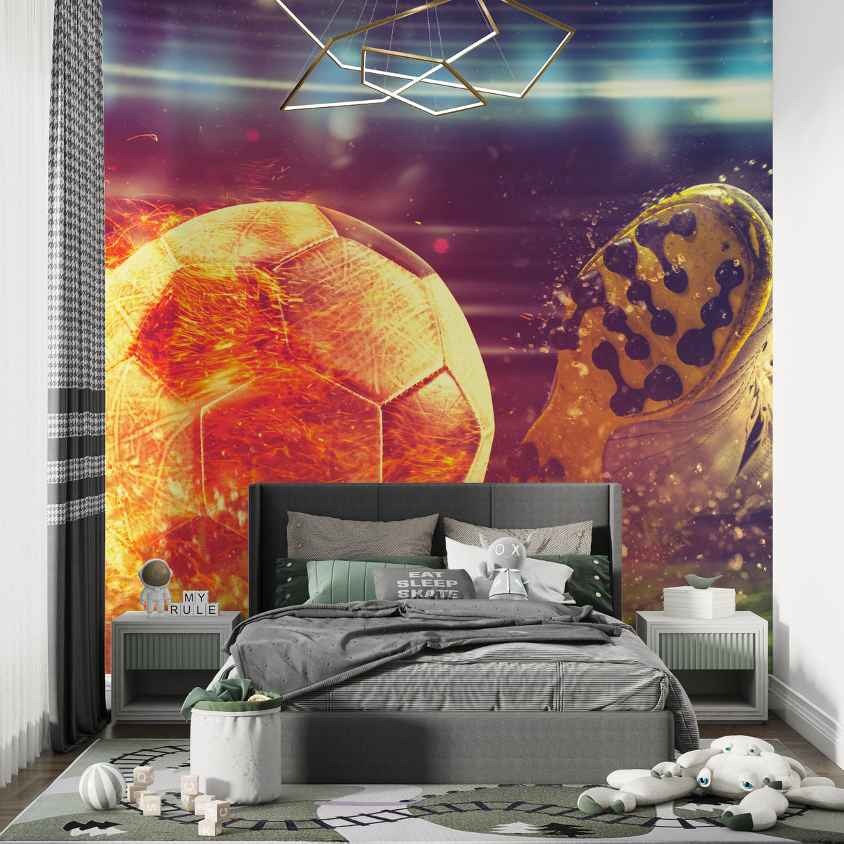 Soccer wall mural creating perfect backdrop in sports fan's home gym
