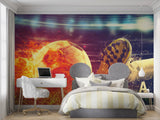 Football wallpaper design adding energy to recreational area with purple accents