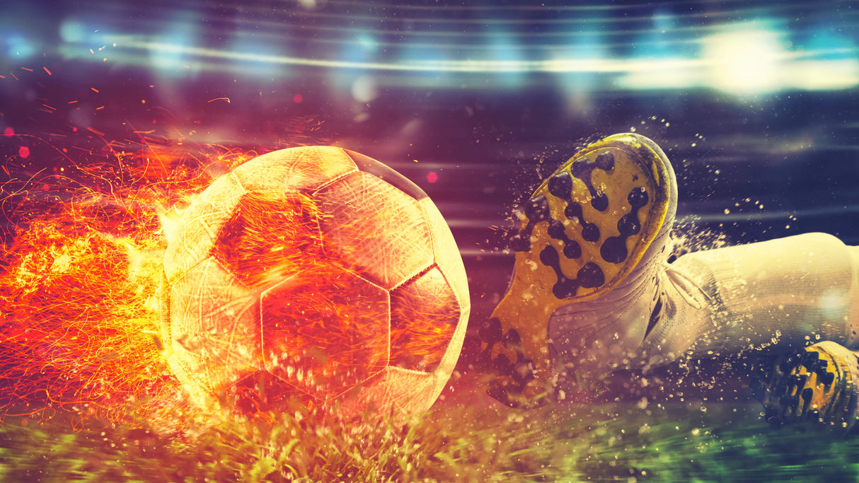 Design file showing detailed flaming soccer ball pattern with purple and turquoise sky effects