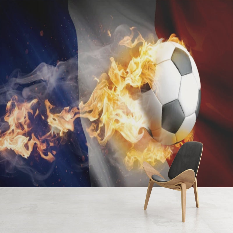 Soccer wall mural with French flag colors bringing stadium energy to a modern game room with leather couches and LED lighting