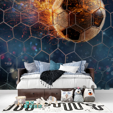 Football mural wallpaper creating sporty atmosphere in modern teen bedroom with gaming setup