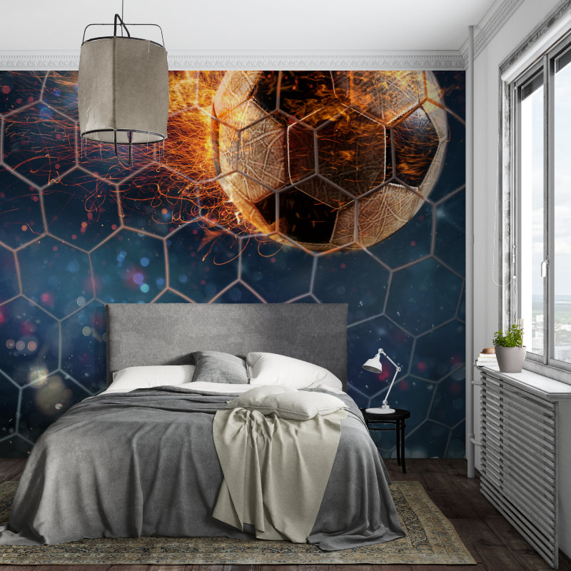 Soccer wall mural featuring flaming ball design in contemporary game room setting