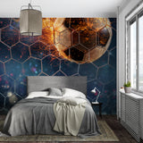 Soccer wall mural featuring flaming ball design in contemporary game room setting