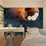 Football themed wallpaper transforming home gym with dramatic flaming soccer ball design
