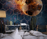 Soccer themed mural wallpaper in sports fan cave with modern furniture