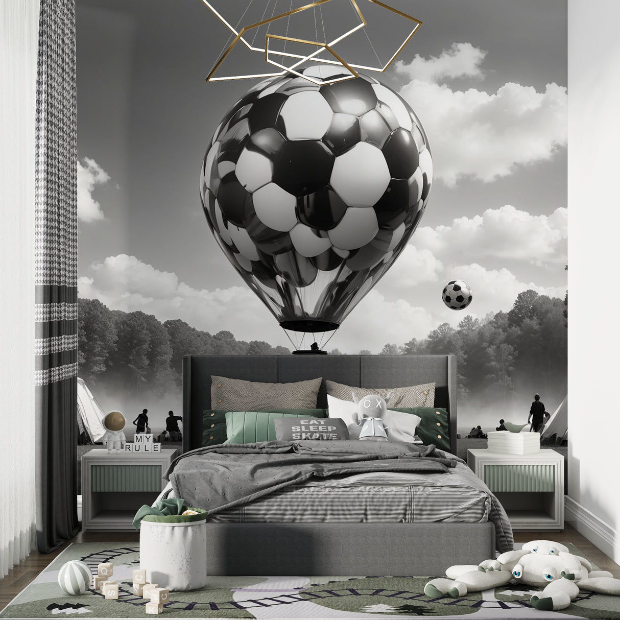 Football balloon wallpaper in modern teen bedroom showing black and white design with dramatic lighting