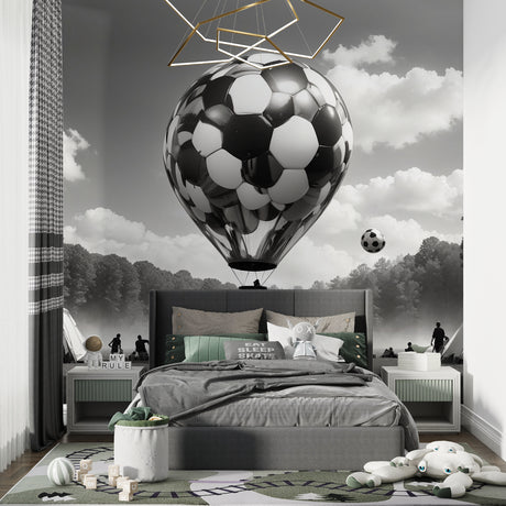 Football balloon wallpaper in modern teen bedroom showing black and white design with dramatic lighting