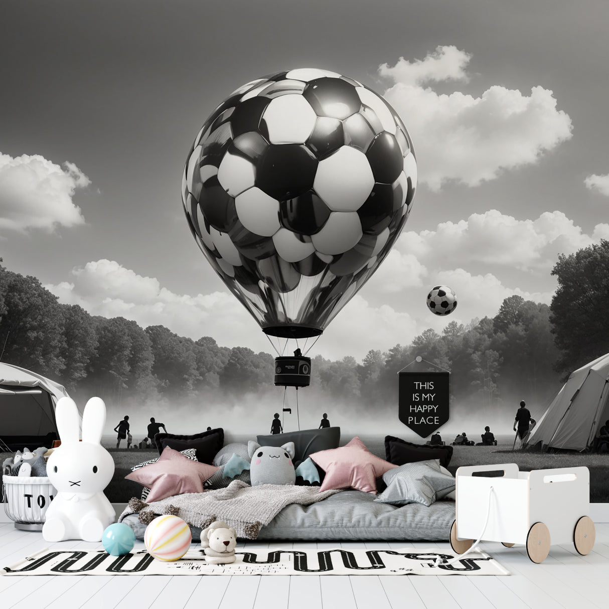 Black and white football mural displayed in spacious living room with minimal furniture