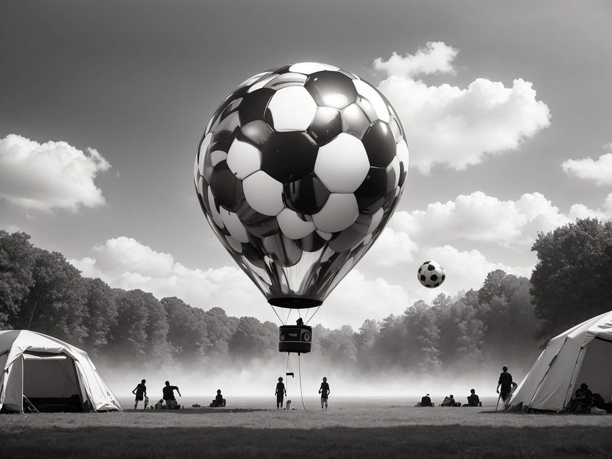 Design file of black and white football hot air balloon pattern with misty sky background