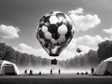 Design file of black and white football hot air balloon pattern with misty sky background