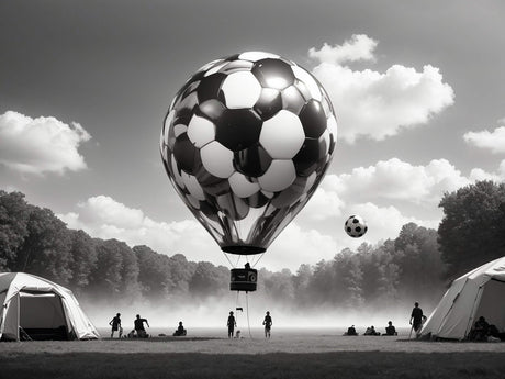 Design file of black and white football hot air balloon pattern with misty sky background