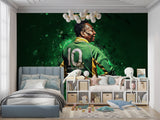 Football wallpaper in modern teen bedroom showing green number 10 design with dynamic lighting effects