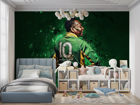 Football wallpaper in modern teen bedroom showing green number 10 design with dynamic lighting effects
