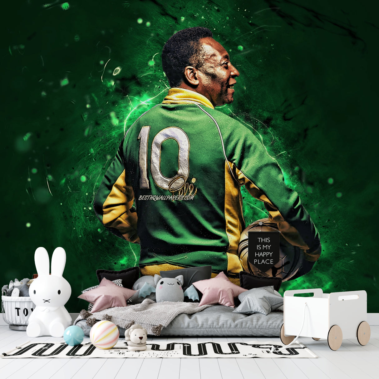 Soccer themed wall mural in game room with green and yellow color scheme