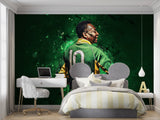 Football wall design in home gym featuring iconic jersey number