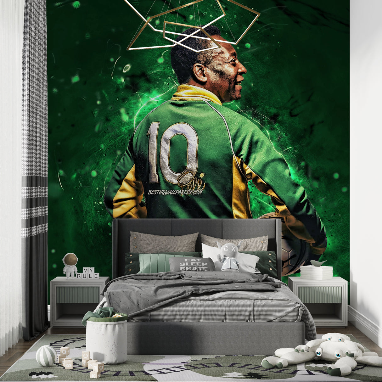Green soccer mural installed in modern gaming setup room