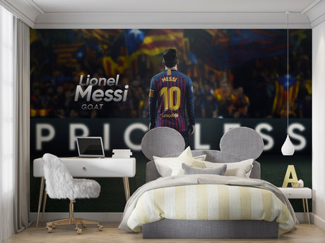 Football stadium wallpaper bringing match day atmosphere to a modern teen bedroom with dramatic lighting effects