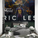 Soccer stadium mural creating depth in a gaming room with stadium lights and crowd details