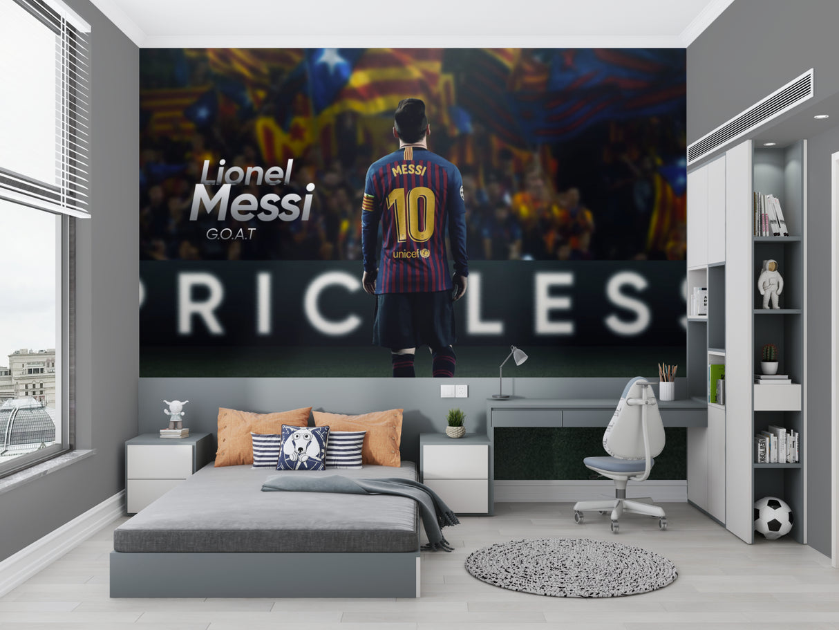 Football wall mural showcasing legendary number 10 in a stylish home office setting