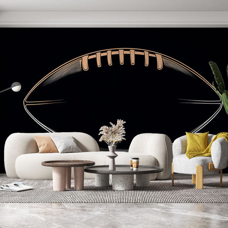 Modern Football Line Art Wallpaper in stylish home gym showing minimalist black and gold design against white walls