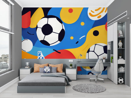 Modern Football Wallpaper bringing energy to a teen's bedroom with abstract soccer ball design