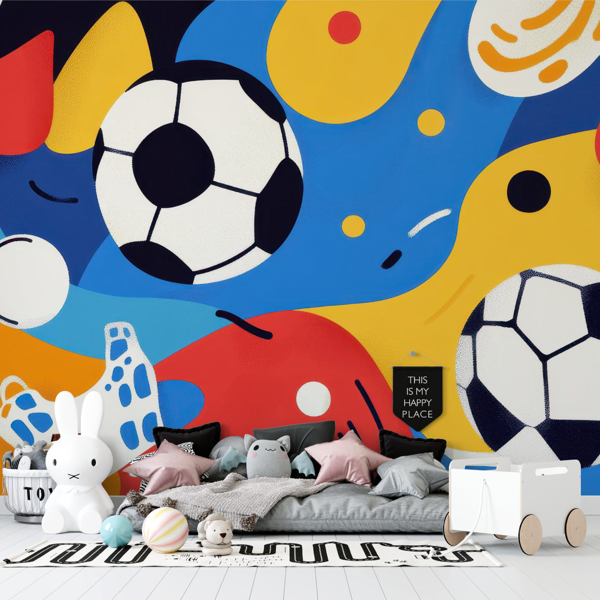 Soccer themed wallpaper creating a dynamic atmosphere in a game room setup