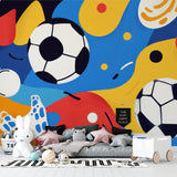 Soccer themed wallpaper creating a dynamic atmosphere in a game room setup