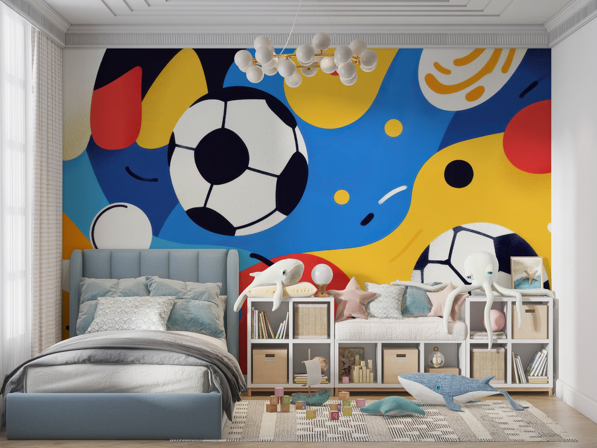 Abstract soccer wallpaper bringing color and energy to a kids study corner