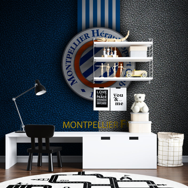 Sports mural wallpaper displayed in teen bedroom with gaming setup