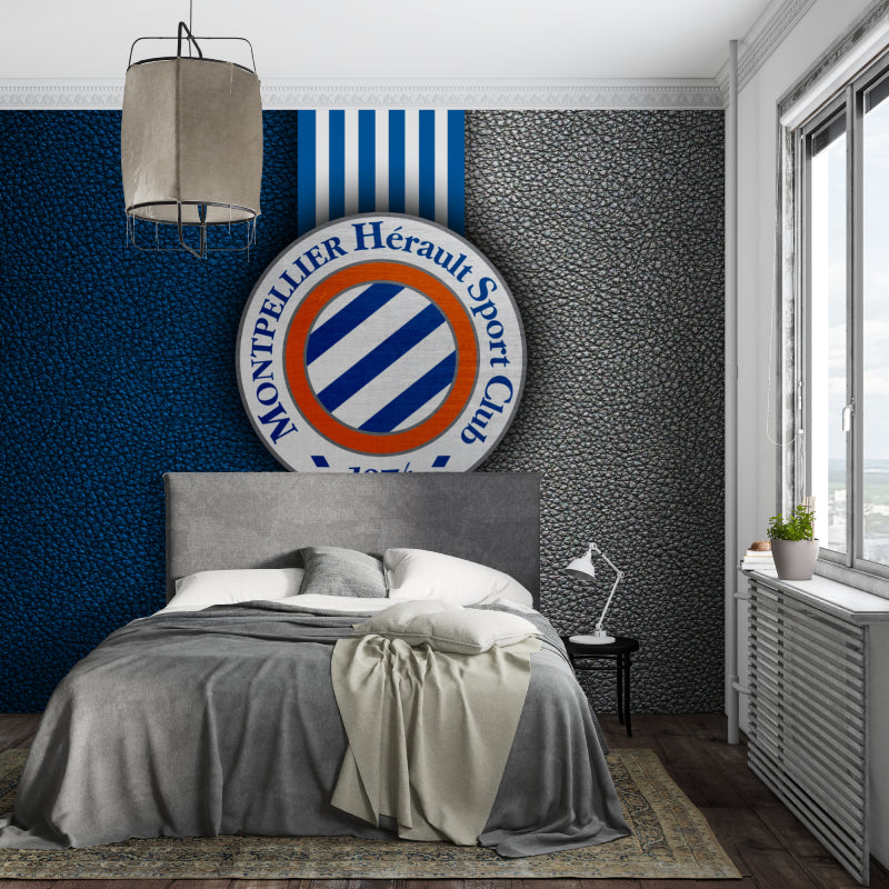 Football themed wallpaper in home office with desk and chair