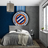 Football themed wallpaper in home office with desk and chair