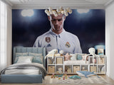 Football wall mural showcased in modern teen bedroom with gaming setup