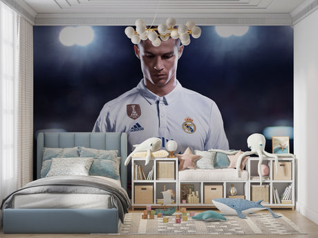 Football wall mural showcased in modern teen bedroom with gaming setup