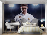 Soccer themed wallpaper displayed in home gym setting
