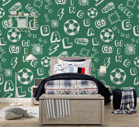 Football gaming wallpaper in modern teen bedroom showing pixel art design with gaming consoles and sports decor