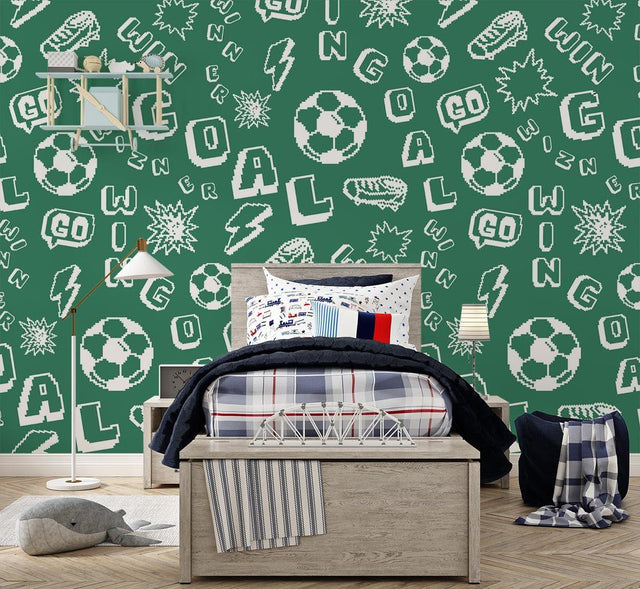 Football gaming wallpaper in modern teen bedroom showing pixel art design with gaming consoles and sports decor