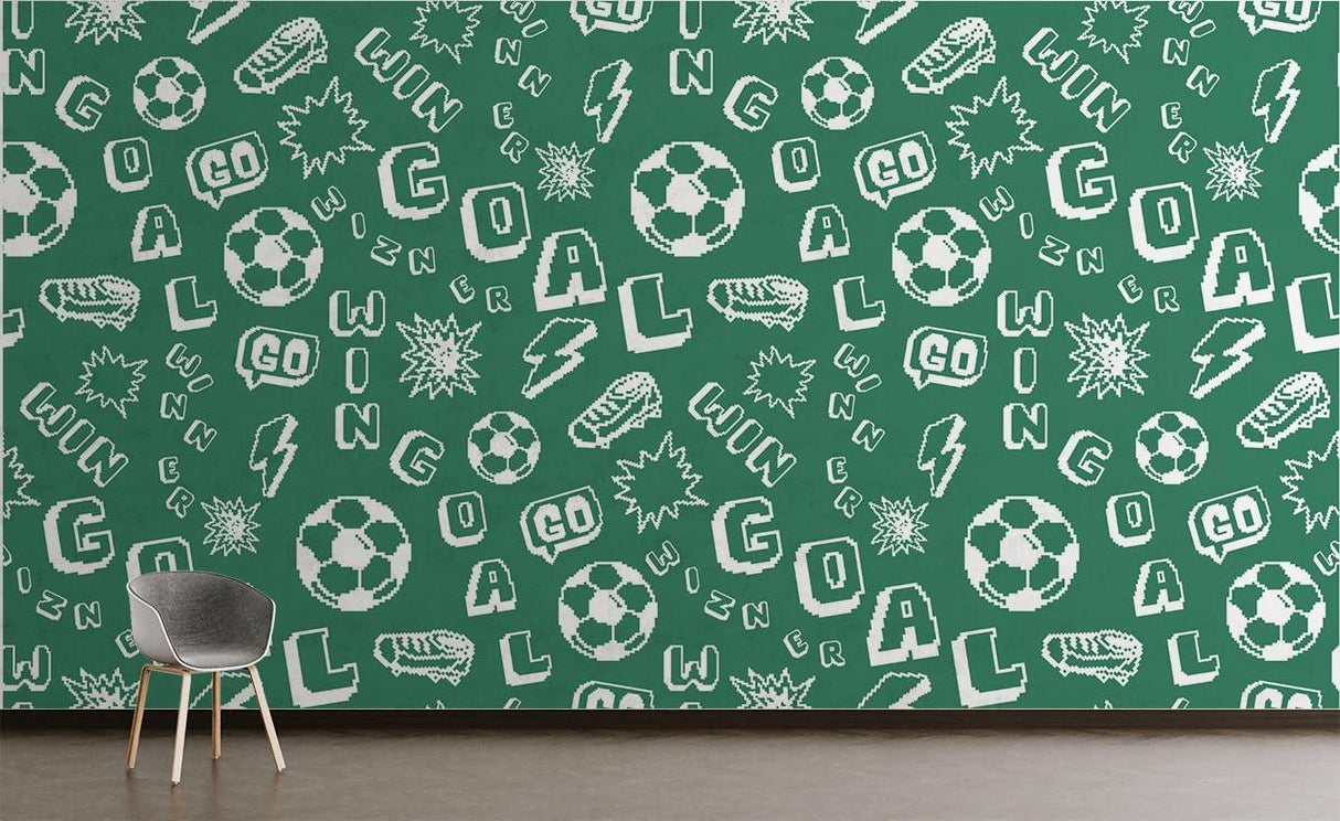 Retro gaming football wallpaper installed in game room with arcade machines and sports memorabilia