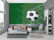 Soccer goal wallpaper mural in modern kids bedroom, creating an exciting sports atmosphere