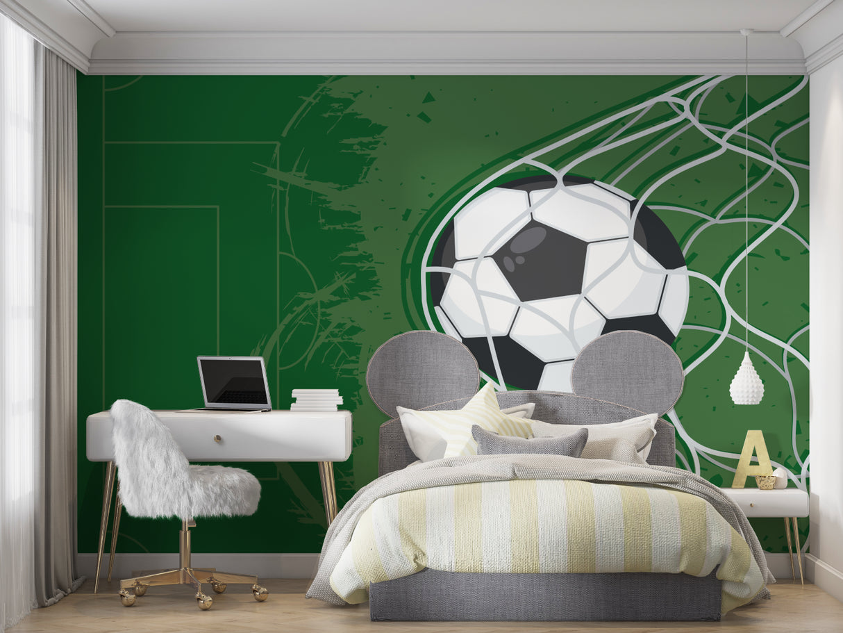 Soccer themed wallpaper in teen gaming room with gaming setup