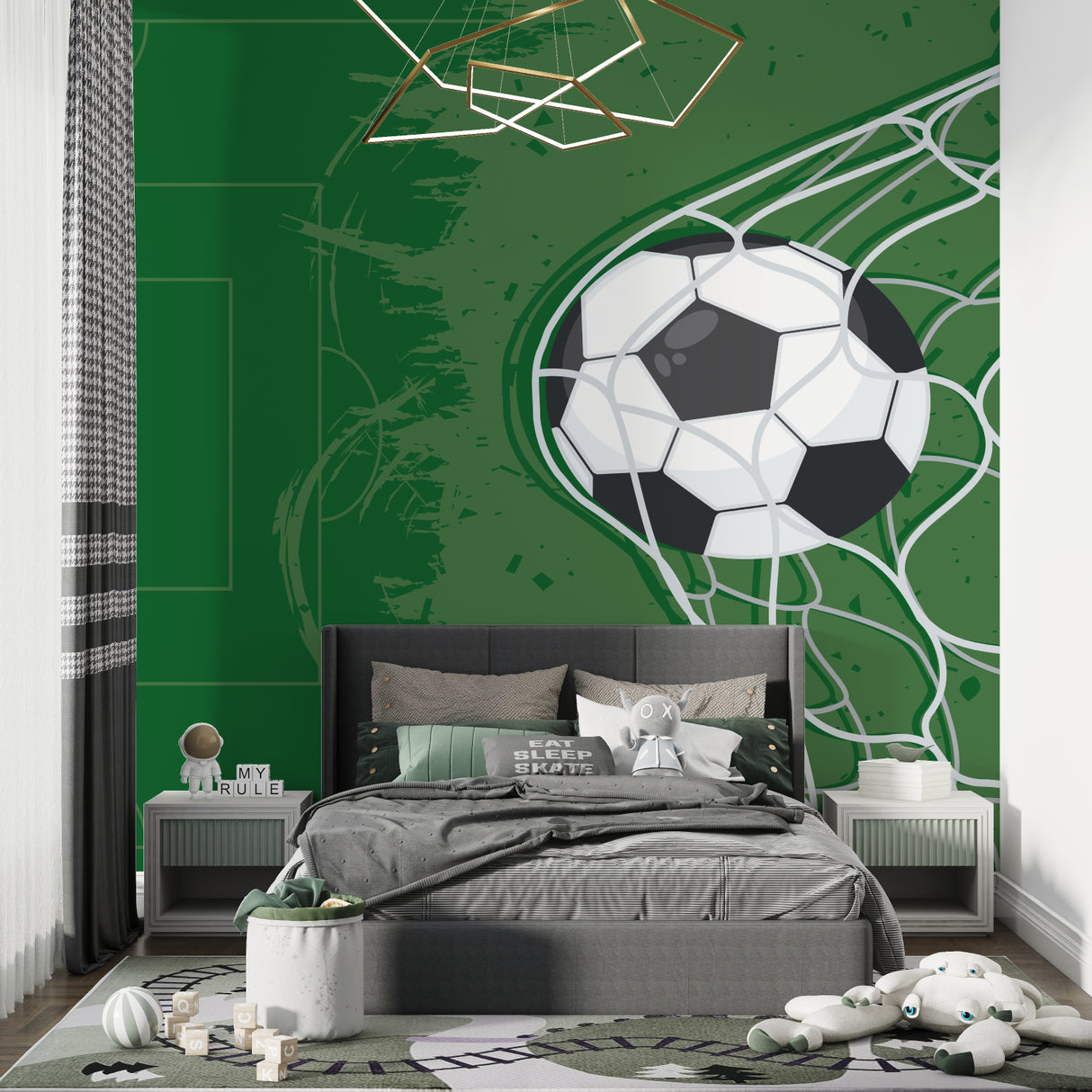 Football goal mural wallpaper in sports fan home office setup