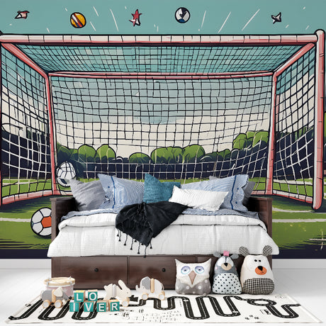 Soccer goal stadium wallpaper in modern kids bedroom showing depth and perspective