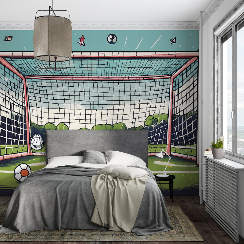 Football stadium mural displayed in teen gaming room with gaming setup