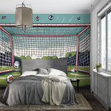 Football stadium mural displayed in teen gaming room with gaming setup