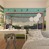 Soccer goal wallpaper creating sports atmosphere in family playroom