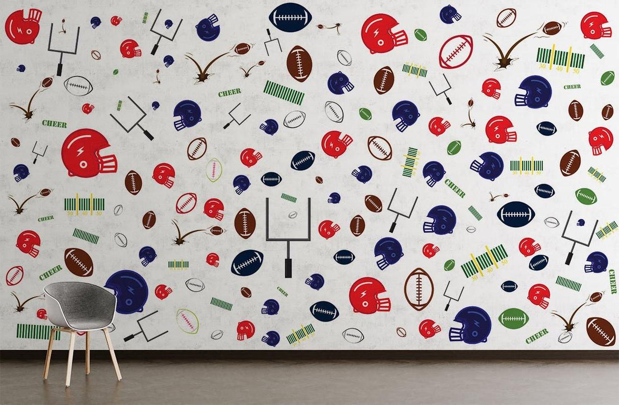 Sports theme wallpaper creating an inspiring atmosphere in a kids playroom with reading nook