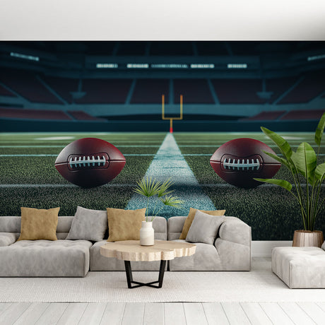Football stadium wallpaper creating dramatic impact in modern sports bar, showing field and goal posts perspective