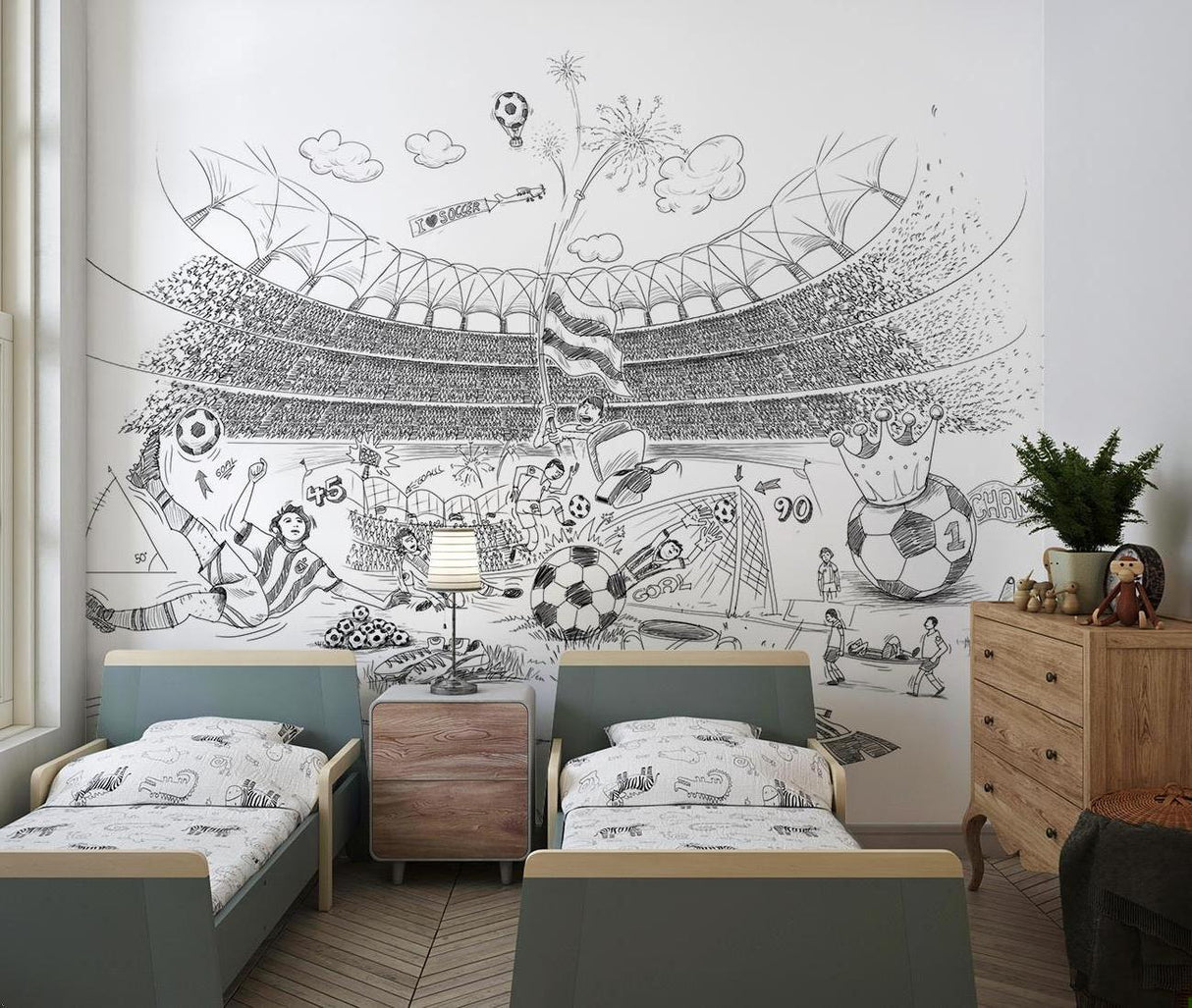Football stadium wallpaper creating a dramatic focal point in a modern living room with black and white furniture