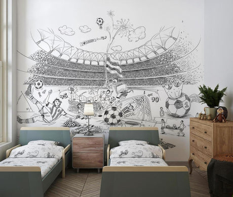 Football stadium wallpaper creating a dramatic focal point in a modern living room with black and white furniture