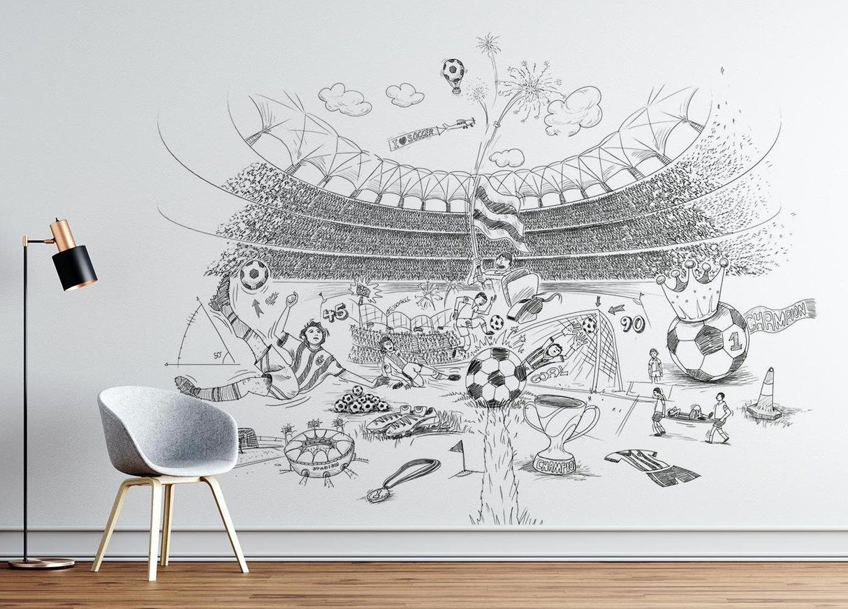 Soccer stadium wall mural bringing energy to a teen's bedroom with gaming setup and sports memorabilia